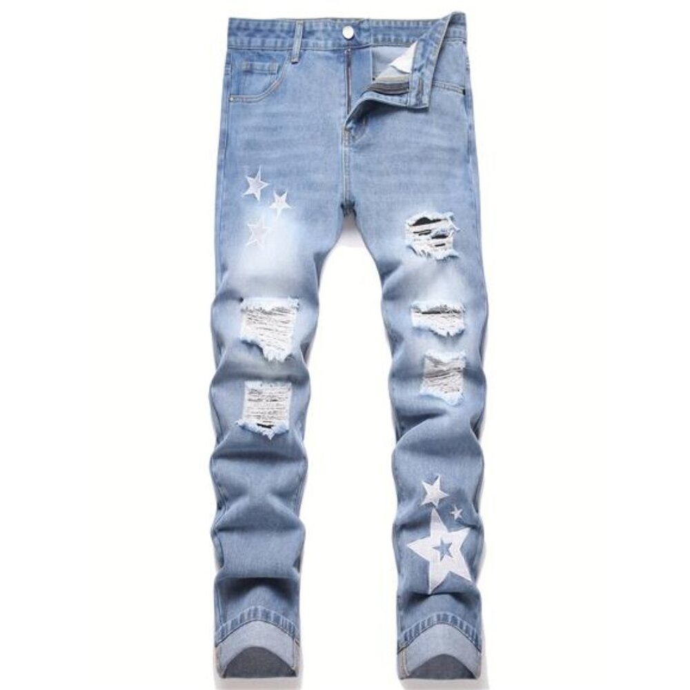 NWT Men's Light Wash Distressed Star Print Jeans - Picture 1 of 9